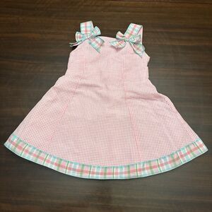 Bonnie Jean Little Girls Pink & White Checked Dress W/ Striped Trim Bows Size 2T